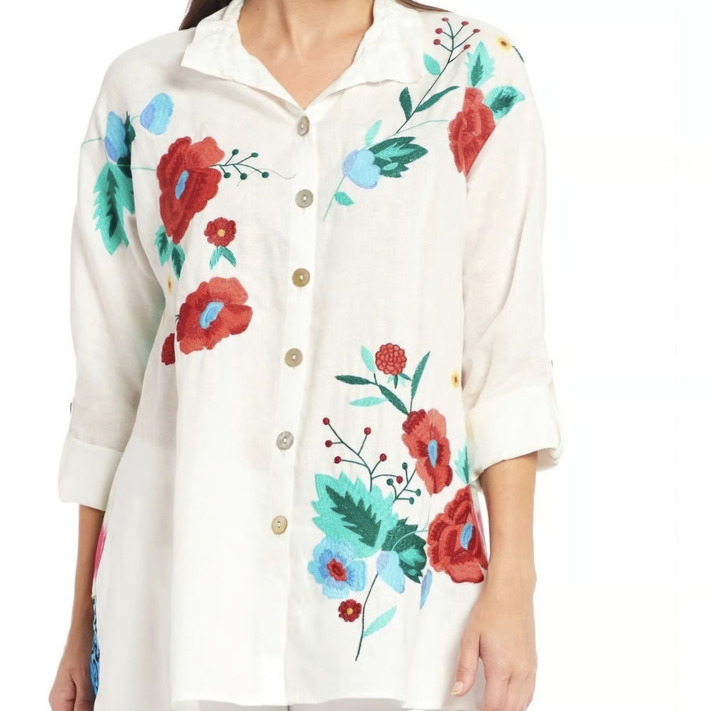 John Mark White Button Down Shirt with Red and Blue Floral Embroidery